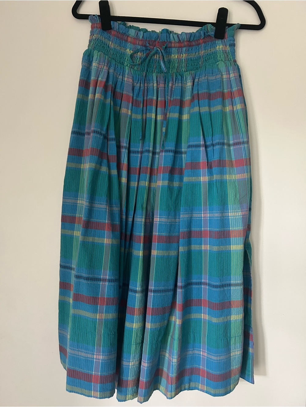 Plaid Midi Skirt in Blue and Teal with Drawstring Waist - Picture 2 of 6